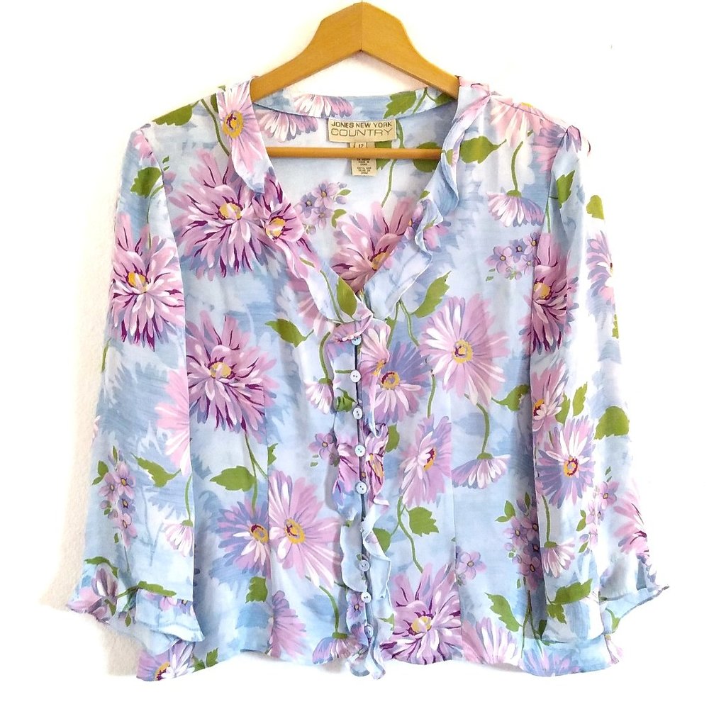 100% Silk Vintage Floral Ruffle Blouse